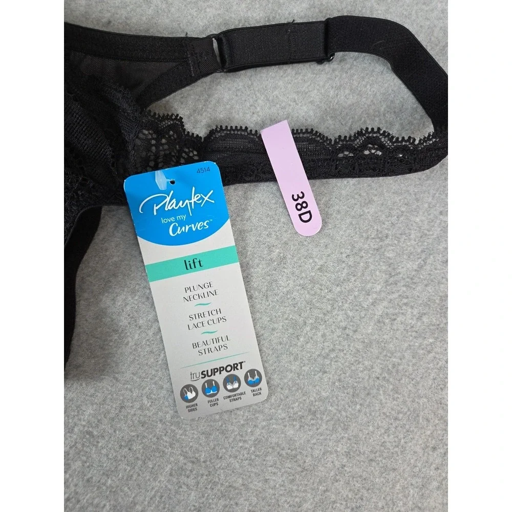 Playtex Love‎ My Curves Bra 38D Black Stretch Lace Cups Sculpted Lift NEW